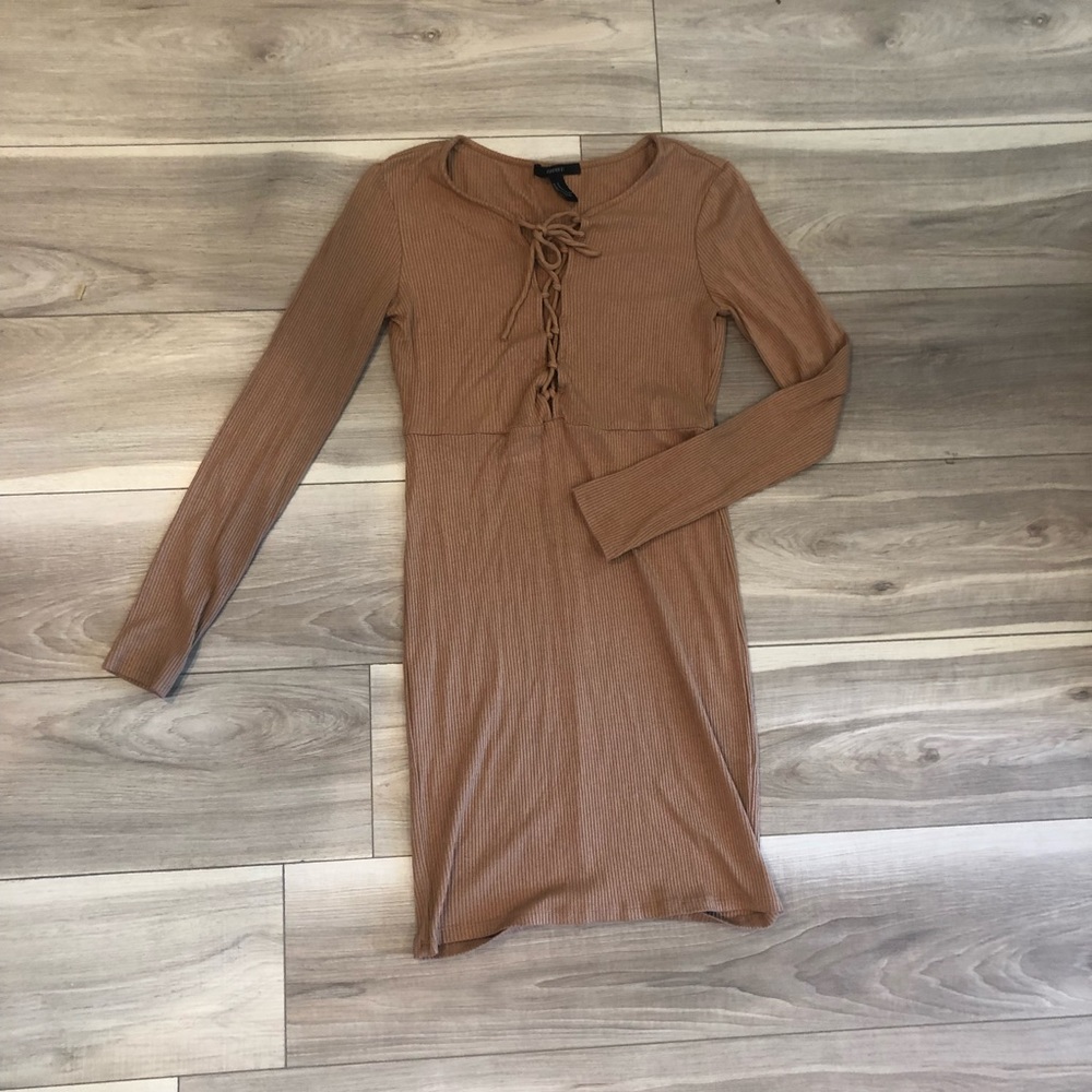 Tan/Camel Ribbed Lace Up Body Con Dress